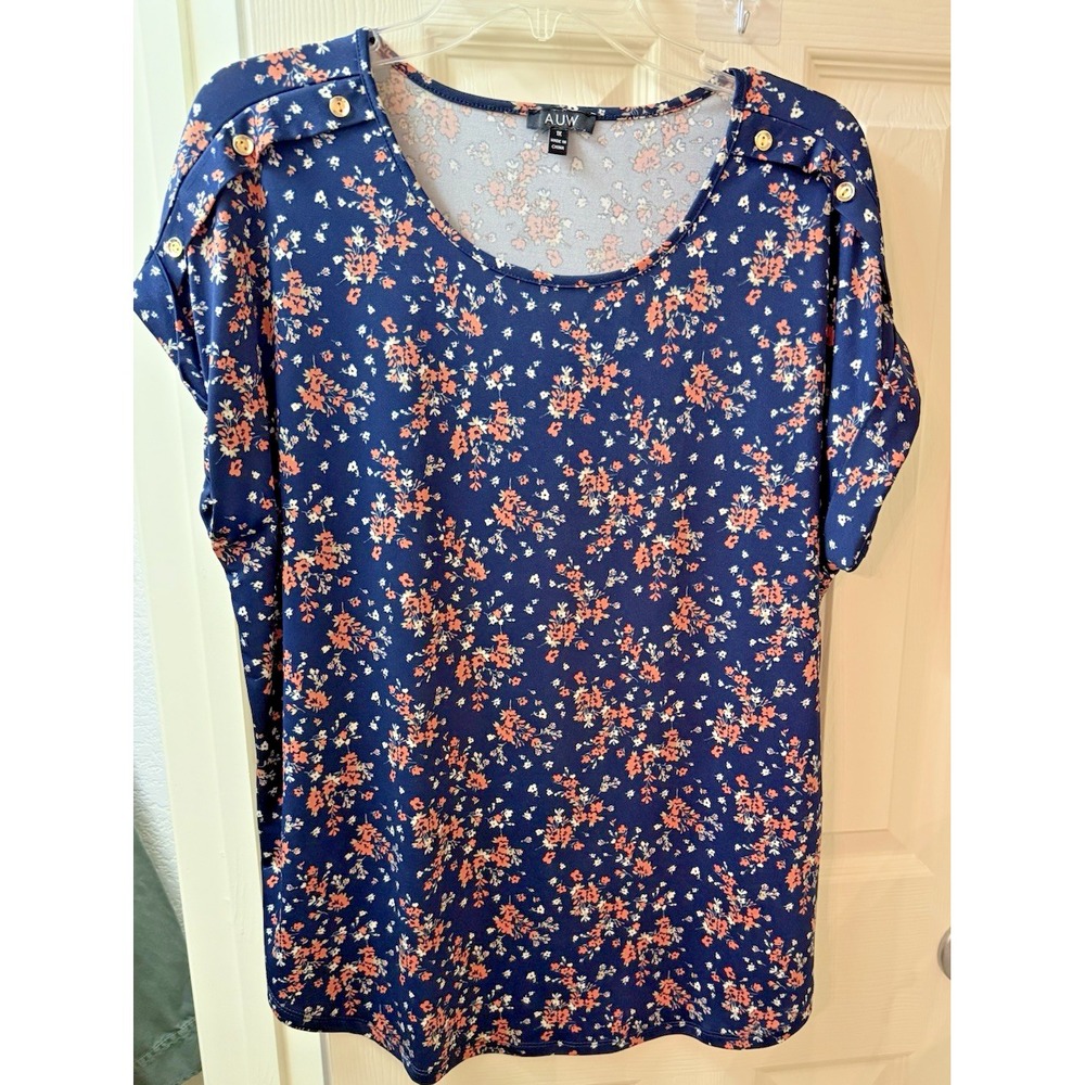 A.u.w Women Floral Blouse Navy Blue Multicolor Button Accent Top 1X XL